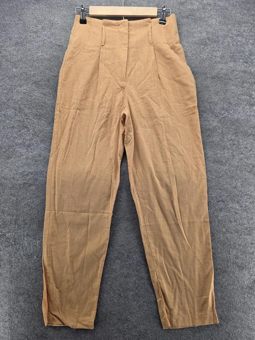 L'ATISTE Pants Womens S Beige Chambray Pleated Belted Relaxed Cotton 27.5 In
